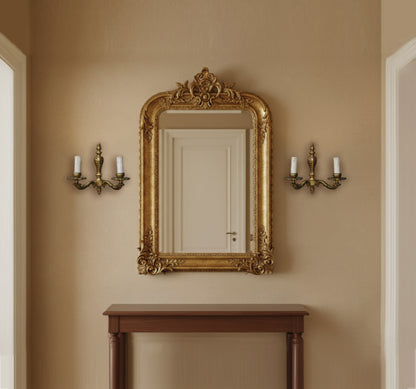 Vintage solid brass wall sconce lighting pair. 2-arm antique accent lamps for unique home decor.