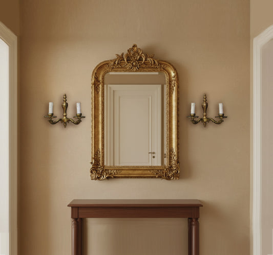 Vintage solid brass wall sconce lighting pair. 2-arm antique accent lamps for unique home decor.