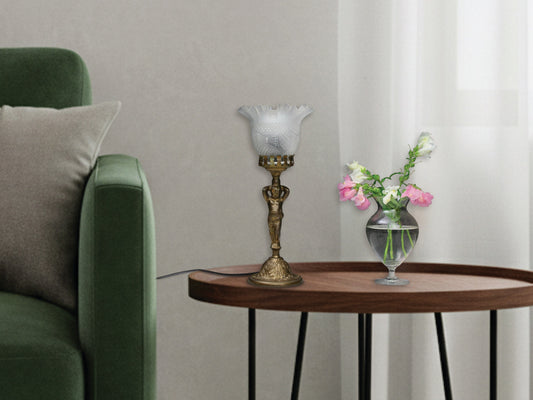 Vintage brass cherub table lamp, 1950s Mid Century bedside or accent light with frosted glass shade.