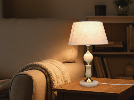 Unique table lamp—a stylish marble and brass vintage lamp. Ideal bedside or accent lamp for mid century spaces.