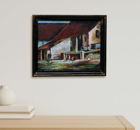 Embrace this European art farmhouse painting and infuse your modern or vintage home decor. This textured painting looks to have been painted with a pallet knife. This original painting is a unique find and the perfect farmhouse decor item.