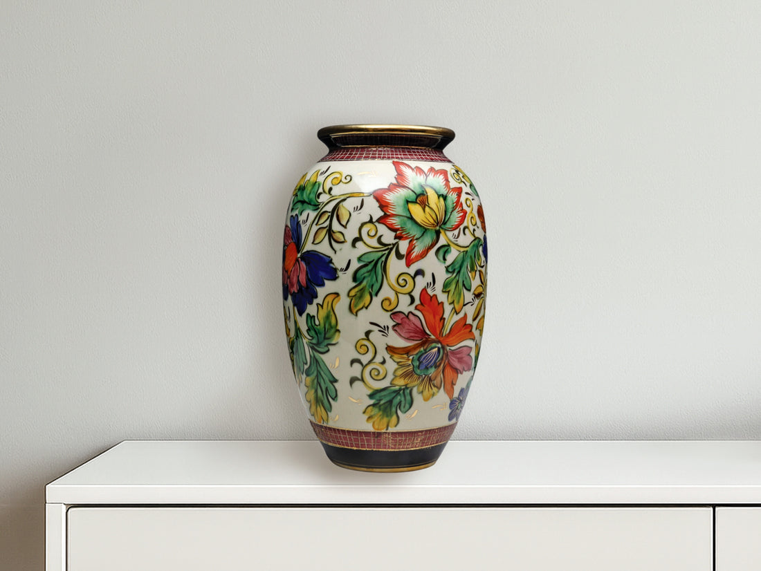This elegant and very large flower vase is from the Belgium maker H.BEQUET QUAREGNON. 