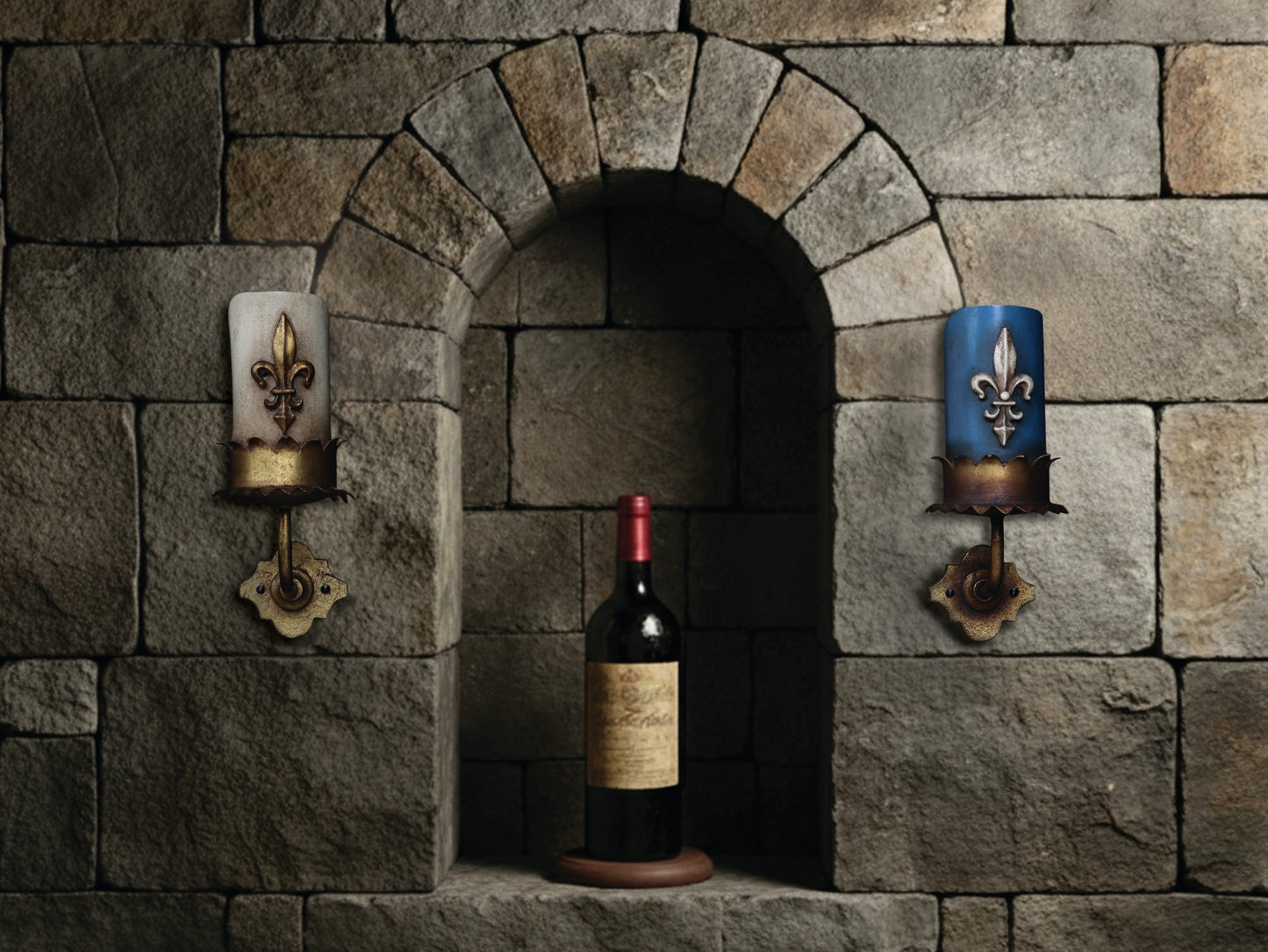 Vintage wall sconce lighting pair. Antique lighting with blue/cream covers. Accent lamps for vintage home decor.