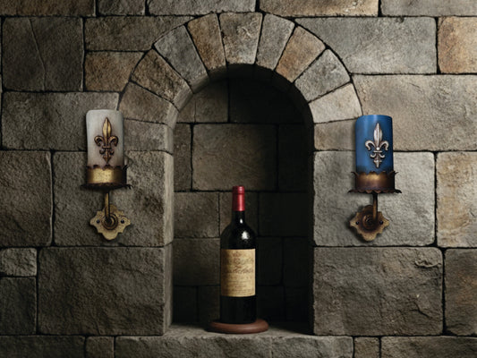 Vintage wall sconce lighting pair. Antique lighting with blue/cream covers. Accent lamps for vintage home decor.