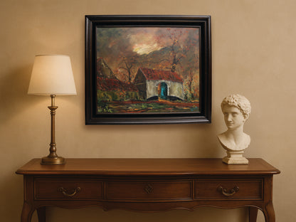An original artwork farmhouse painting found in Belgium is estimated mid-20th century .