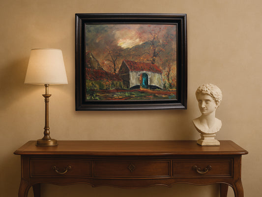 An original artwork farmhouse painting found in Belgium is estimated mid-20th century .