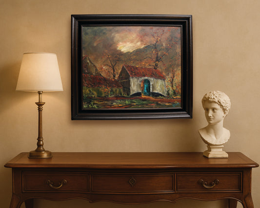 An original artwork farmhouse painting found in Belgium is estimated mid-20th century .