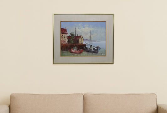 Vintage Ship Painting on board in brass frame. Nautical Decor and Vintage Home Decor from our collection.