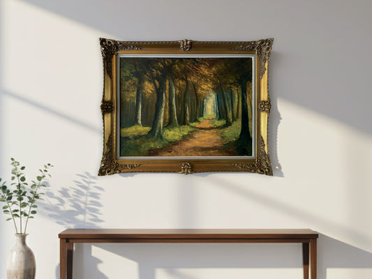 Stunning forest painting original artwork  from early 20th-century Belgium. This antique oil painting on canvas features a highly ornate wood frame. With its vibrant colors and stunning details, this vintage oil painting complements both modern and vintage home decor.