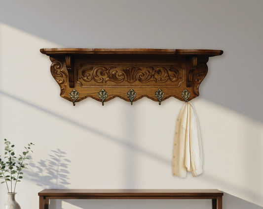 Wall mount coat rack with shelf. Beautifully carved vintage wood coat rack perfect for entryway storage
