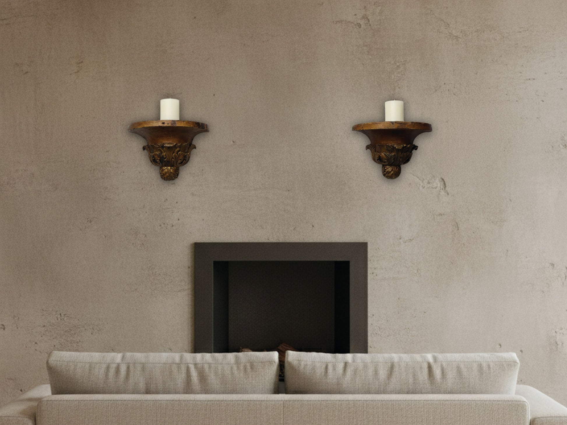 Antique Wood Corbels styled as wall display shelves above a fireplace, representing the unique vintage home decor collection.