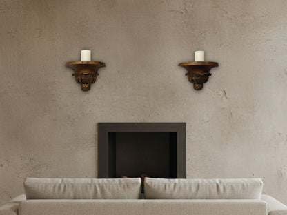 Antique Wood Corbels styled as wall display shelves above a fireplace, representing the unique vintage home decor collection.