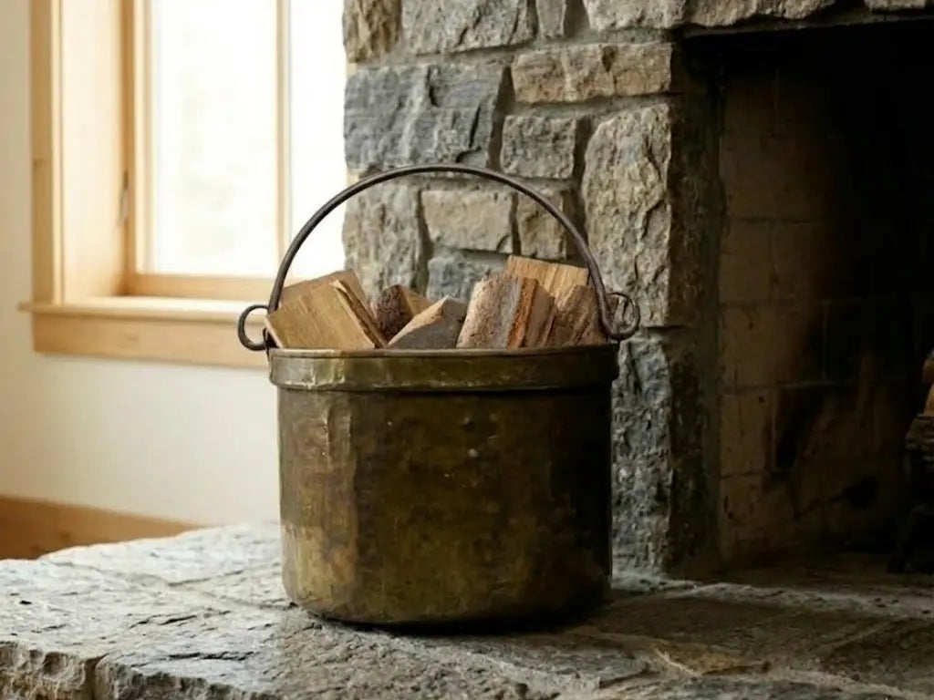 Antique Brass Cauldron firewood storage shown in a cozy hearth setting with stacked birch wood and a warm stone fireplace background.