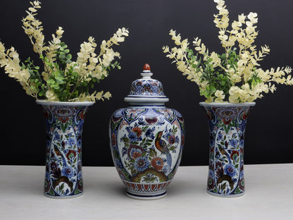 Large Multicolored Flower Vase Set: Vintage Delft Polychrome Ginger Jar & Vases