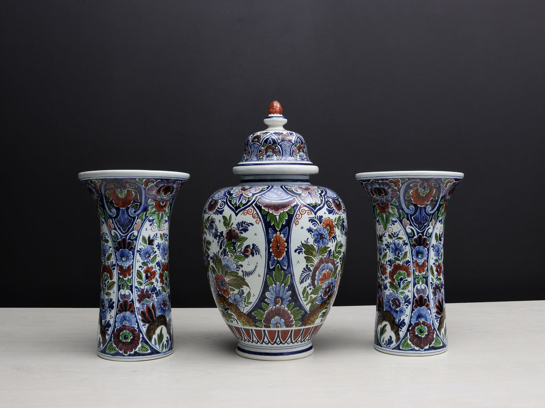 Large Multicolored Flower Vase Set: Vintage Delft Polychrome Ginger Jar & Vases