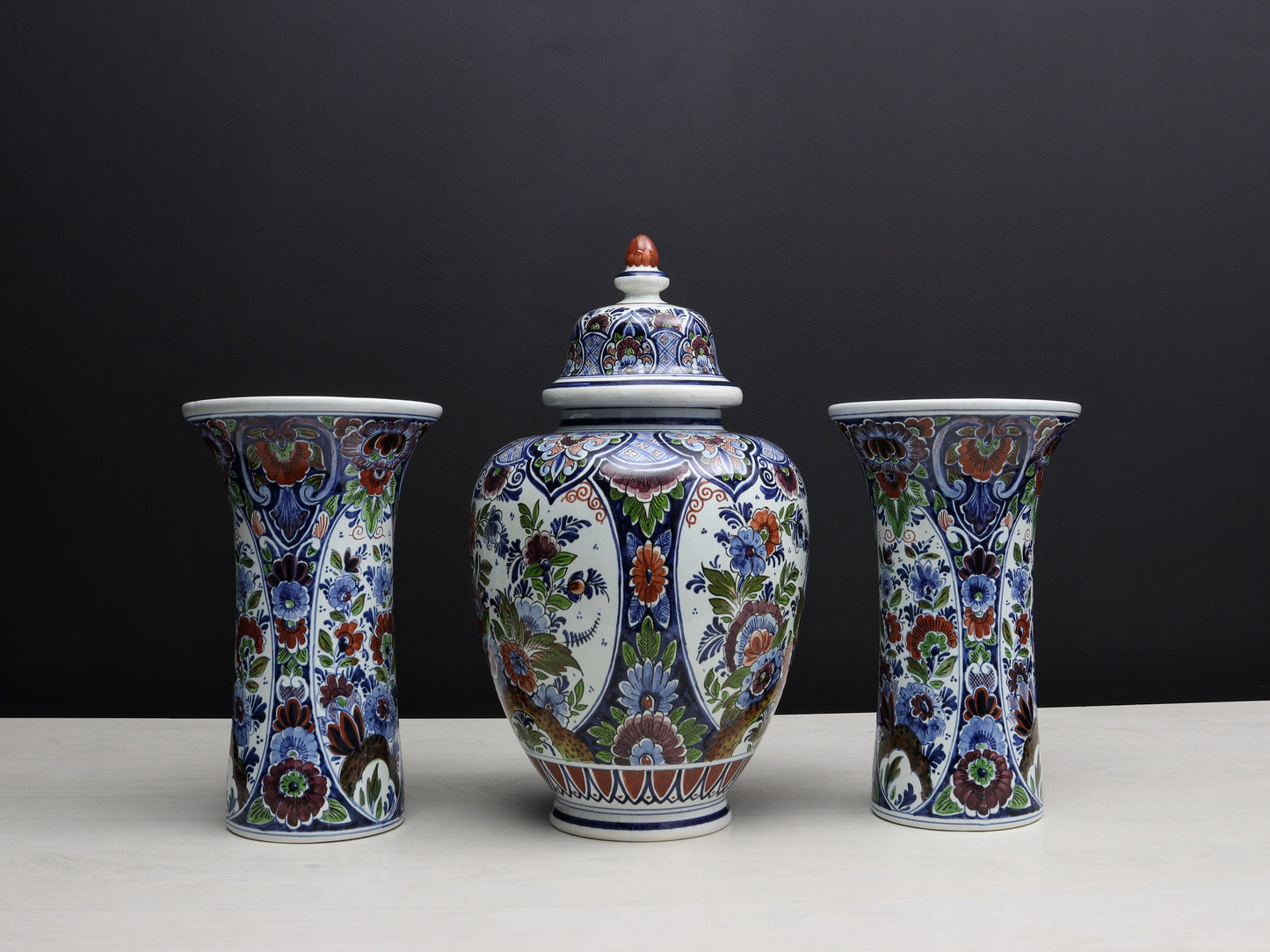 Large Multicolored Flower Vase Set: Vintage Delft Polychrome Ginger Jar & Vases