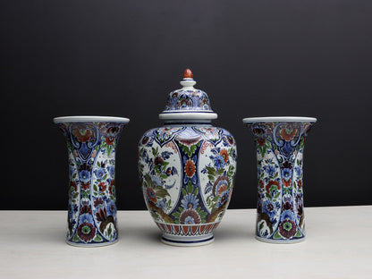 Large Multicolored Flower Vase Set: Vintage Delft Polychrome Ginger Jar & Vases