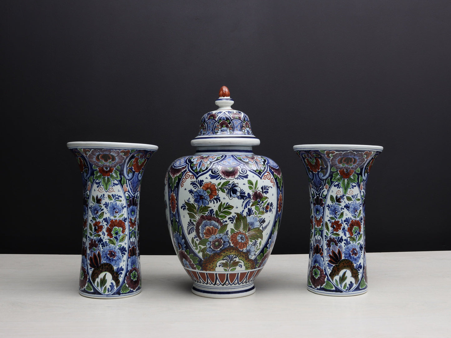 Large Multicolored Flower Vase Set: Vintage Delft Polychrome Ginger Jar & Vases