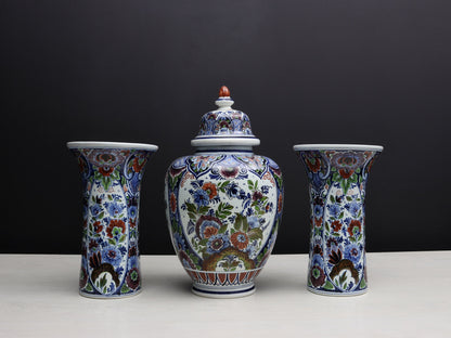 Large Multicolored Flower Vase Set: Vintage Delft Polychrome Ginger Jar & Vases