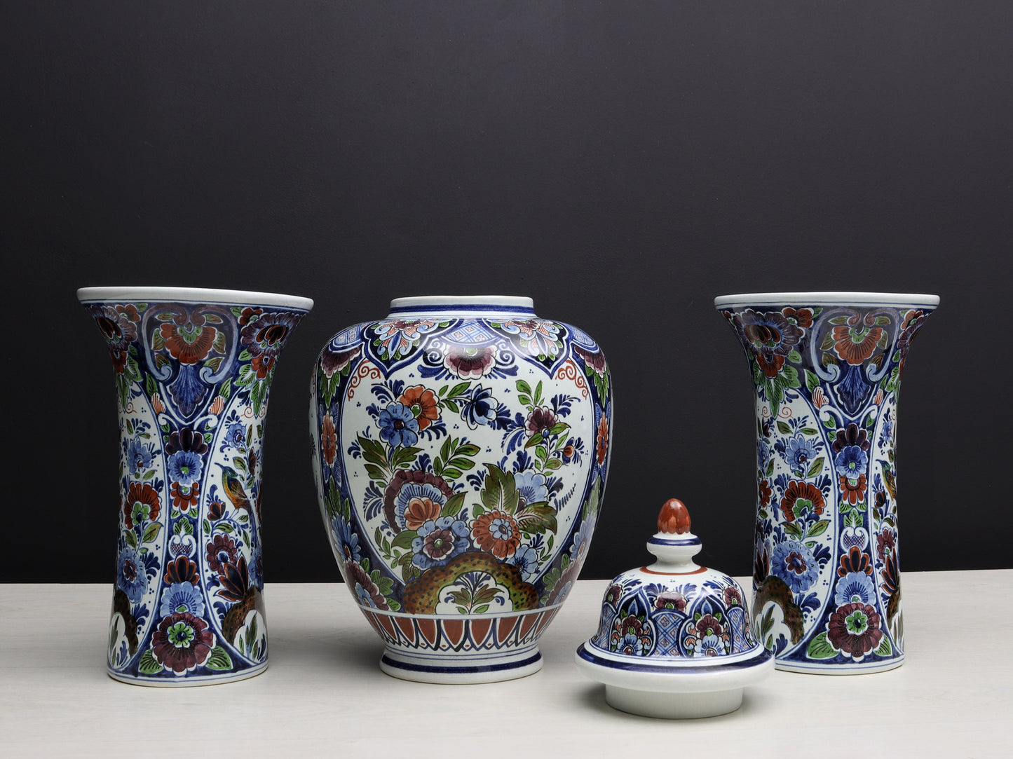 Large Multicolored Flower Vase Set: Vintage Delft Polychrome Ginger Jar & Vases