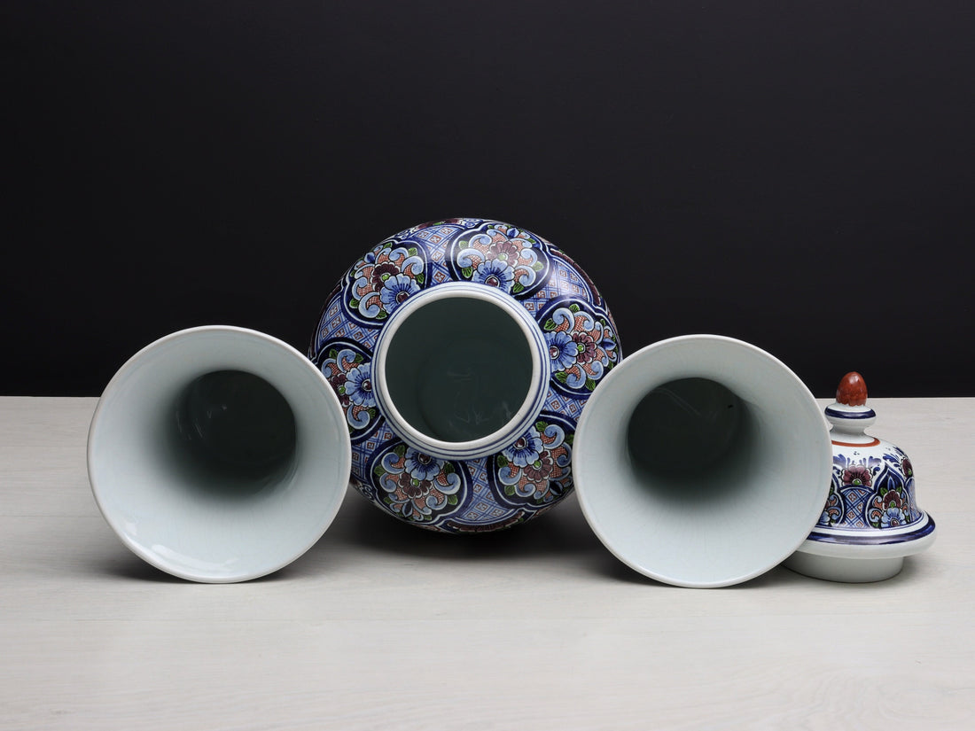 Large Multicolored Flower Vase Set: Vintage Delft Polychrome Ginger Jar & Vases