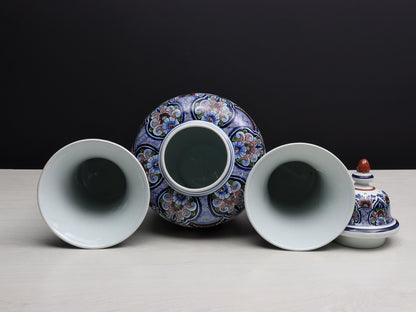 Large Multicolored Flower Vase Set: Vintage Delft Polychrome Ginger Jar & Vases