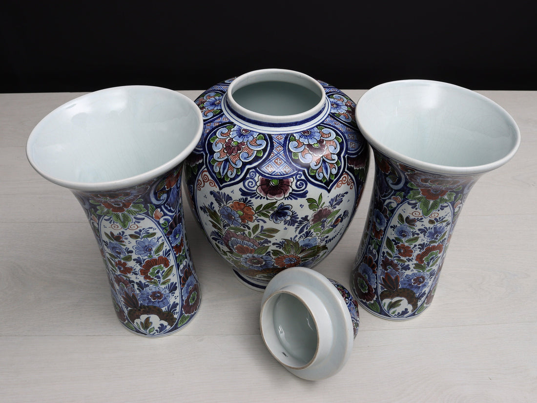 Large Multicolored Flower Vase Set: Vintage Delft Polychrome Ginger Jar & Vases