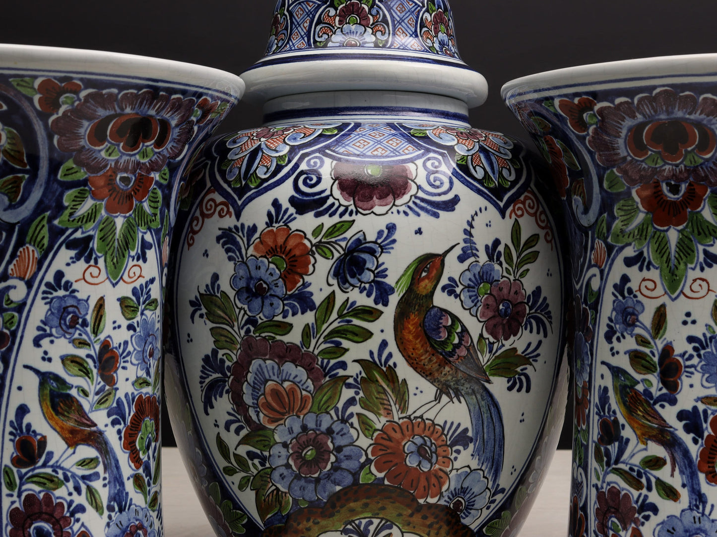 Large Multicolored Flower Vase Set: Vintage Delft Polychrome Ginger Jar & Vases