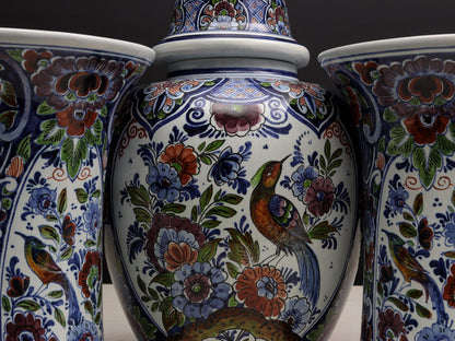 Large Multicolored Flower Vase Set: Vintage Delft Polychrome Ginger Jar & Vases