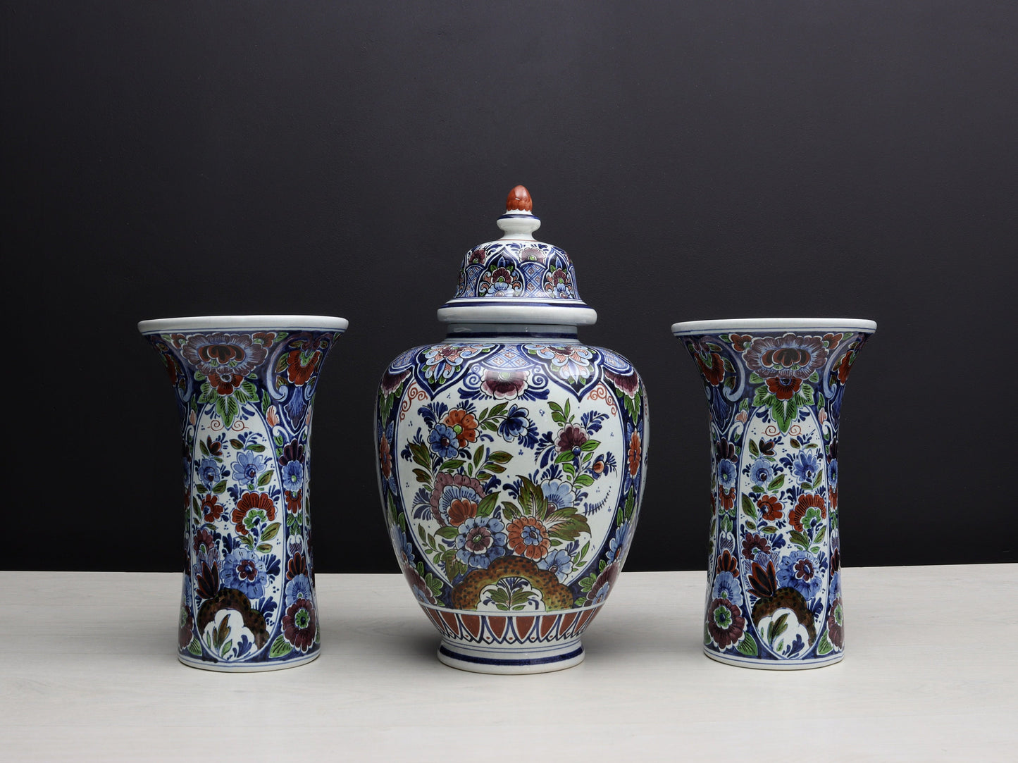 Large Multicolored Flower Vase Set: Vintage Delft Polychrome Ginger Jar & Vases