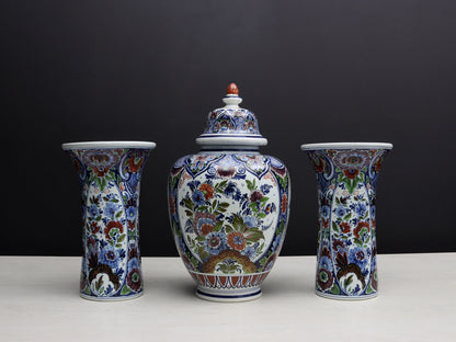 Large Multicolored Flower Vase Set: Vintage Delft Polychrome Ginger Jar & Vases