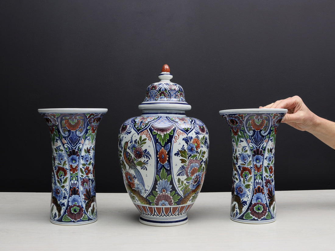 Large Multicolored Flower Vase Set: Vintage Delft Polychrome Ginger Jar & Vases