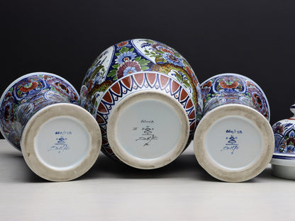 Large Multicolored Flower Vase Set: Vintage Delft Polychrome Ginger Jar & Vases