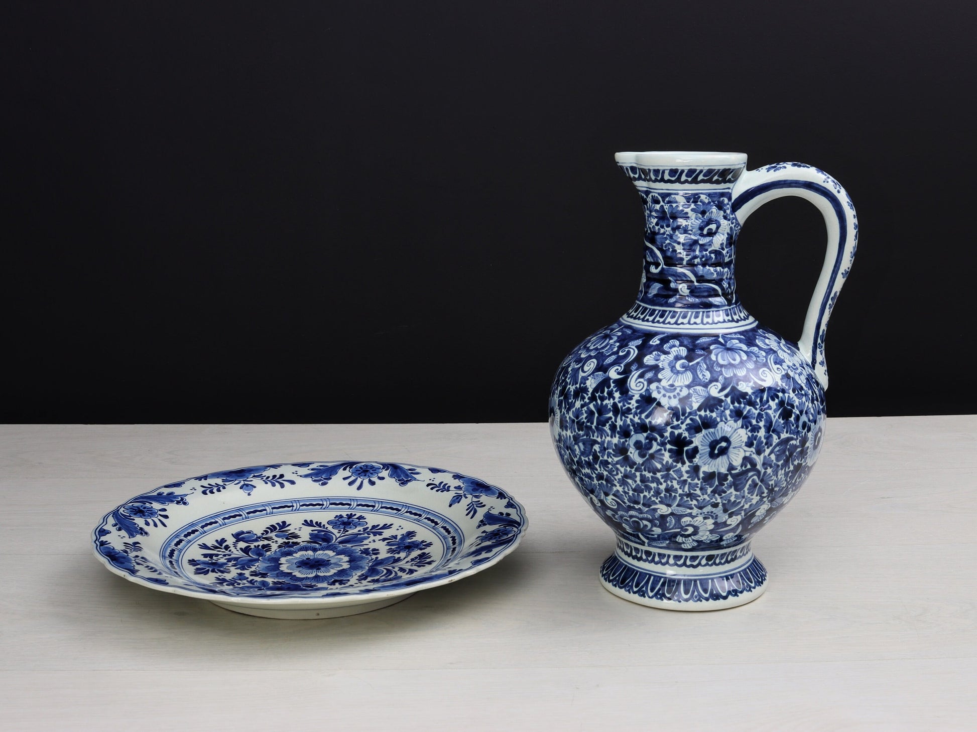 Delft Blue and White Pottery Set | Delftware Charger Plate and Pitcher | Vintage Home Decor