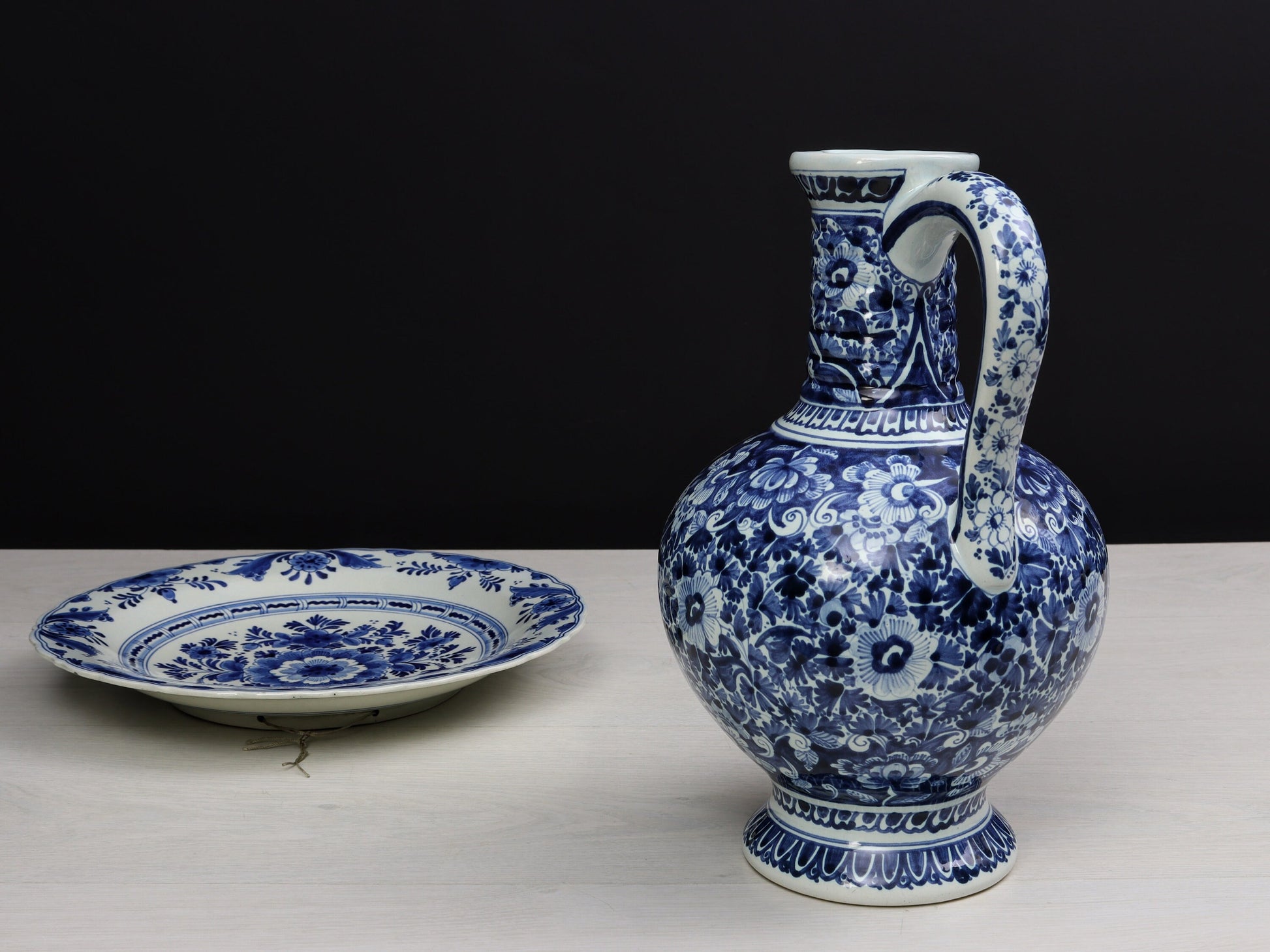 Delft Blue and White Pottery Set | Delftware Charger Plate and Pitcher | Vintage Home Decor