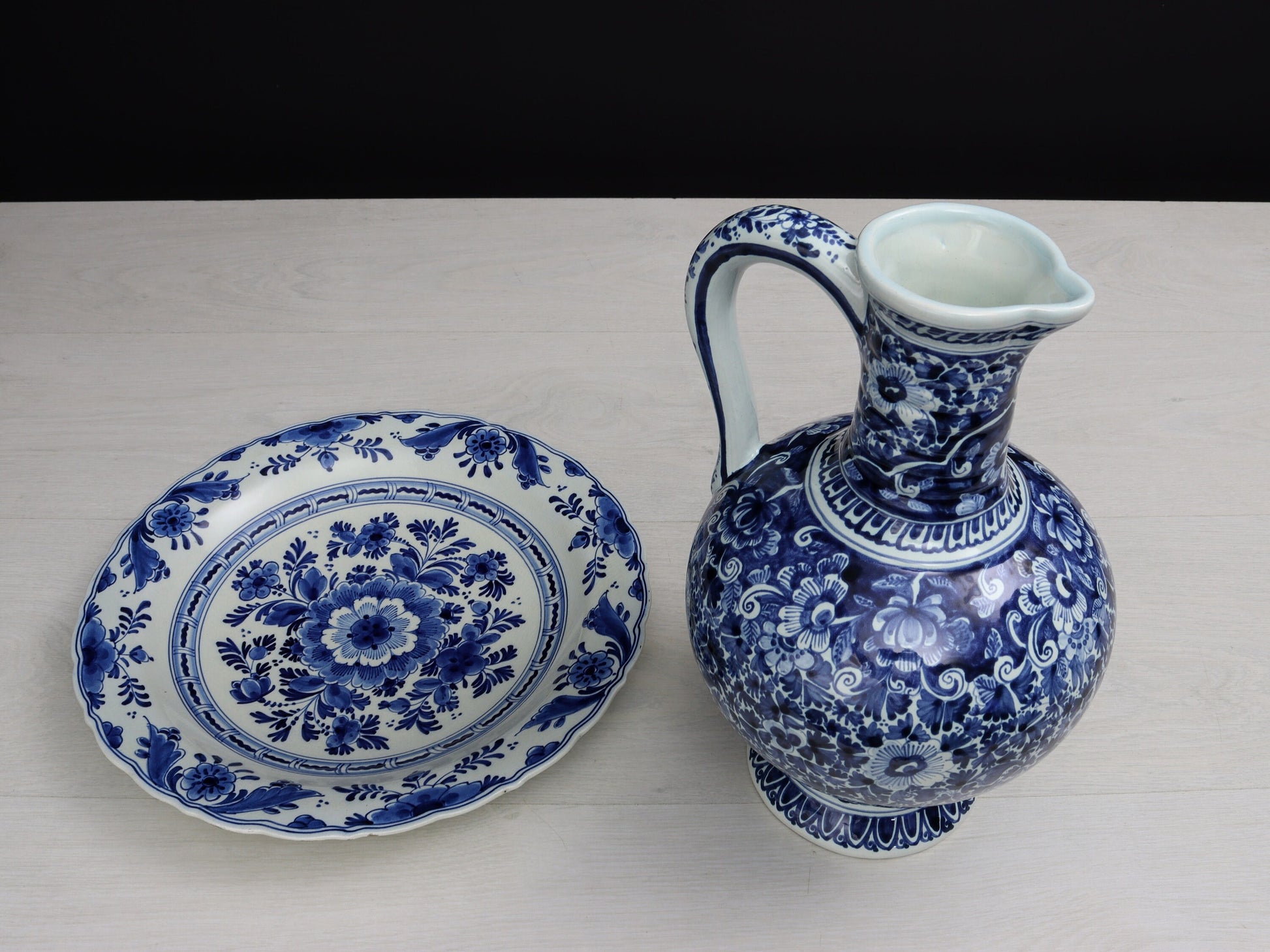 Delft Blue and White Pottery Set | Delftware Charger Plate and Pitcher | Vintage Home Decor