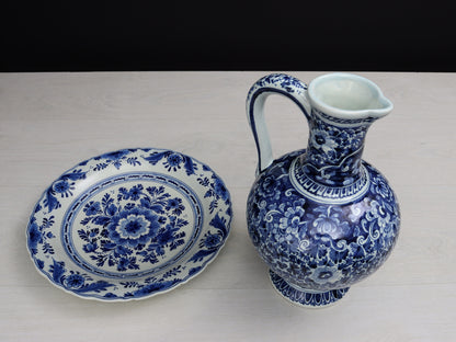 Delft Blue and White Pottery Set | Delftware Charger Plate and Pitcher | Vintage Home Decor