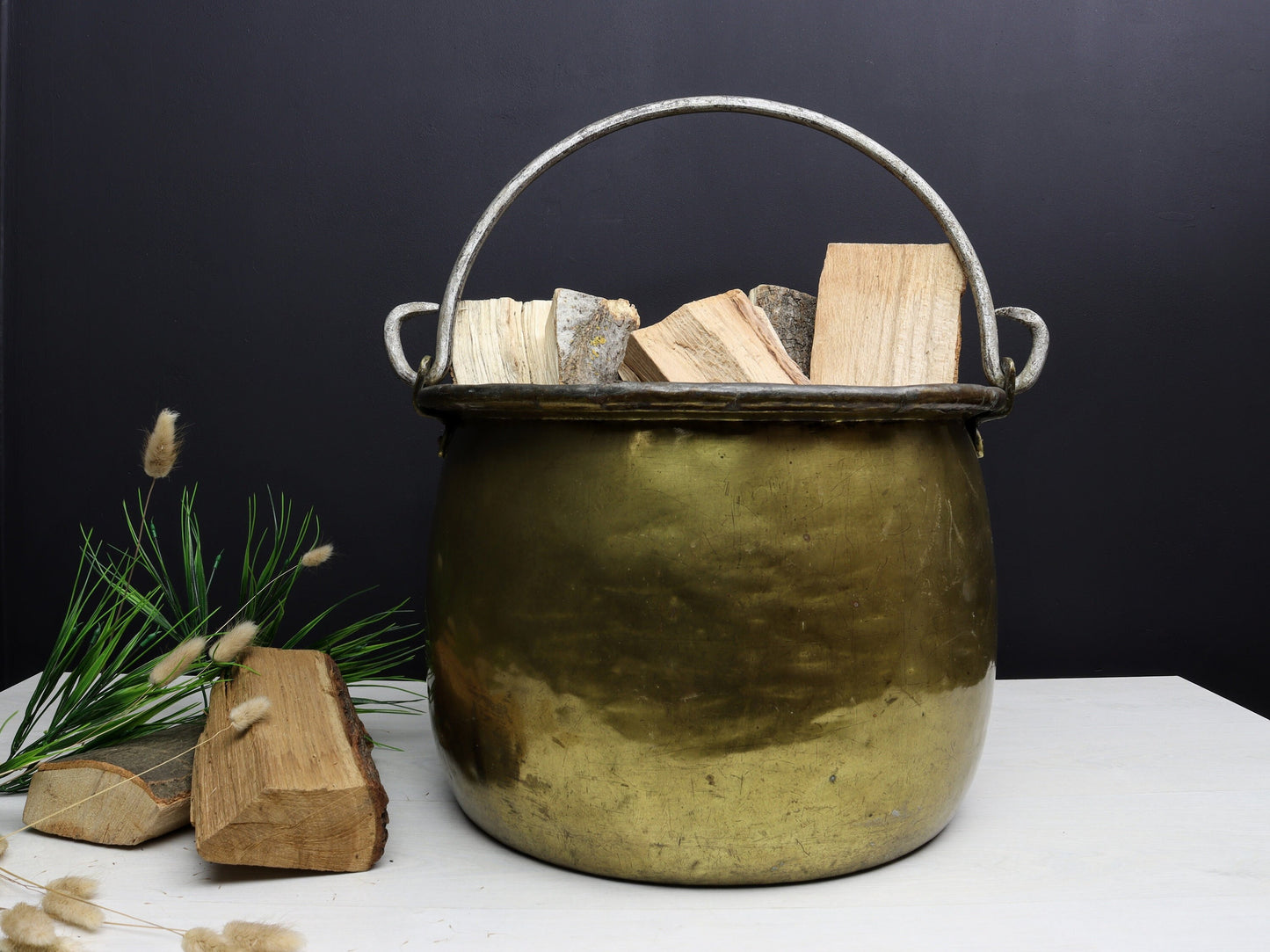 Antique Kettle-Brass Cauldron | Firewood Holder for Fireplace Decor | Log Holder-Vintage Home Decor