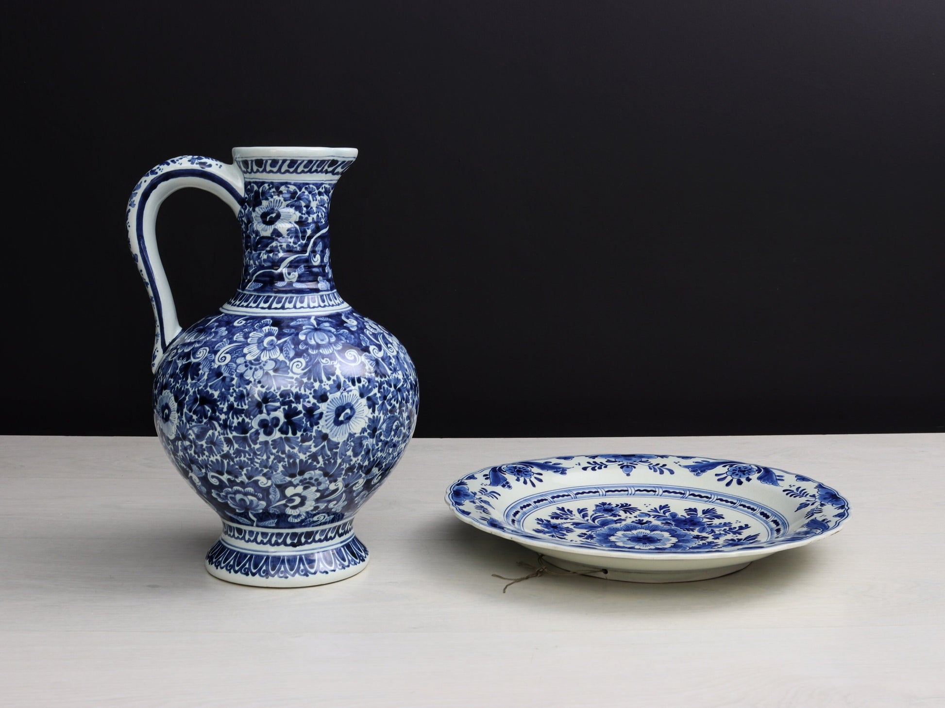 Delft Blue and White Pottery Set | Delftware Charger Plate and Pitcher | Vintage Home Decor