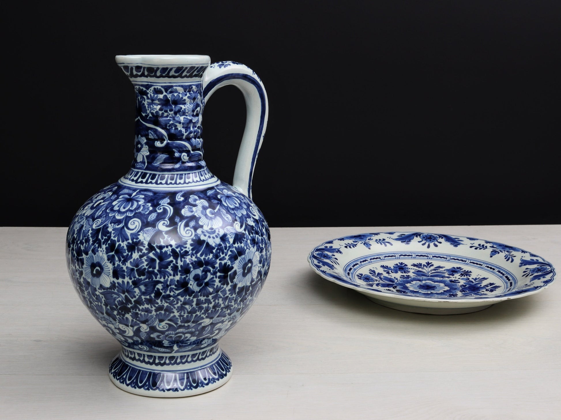 Delft Blue and White Pottery Set | Delftware Charger Plate and Pitcher | Vintage Home Decor