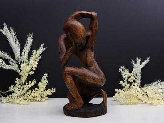 Wooden Art Sculpture-Wood Carving | Thinking Man Statue-Wooden Statue
