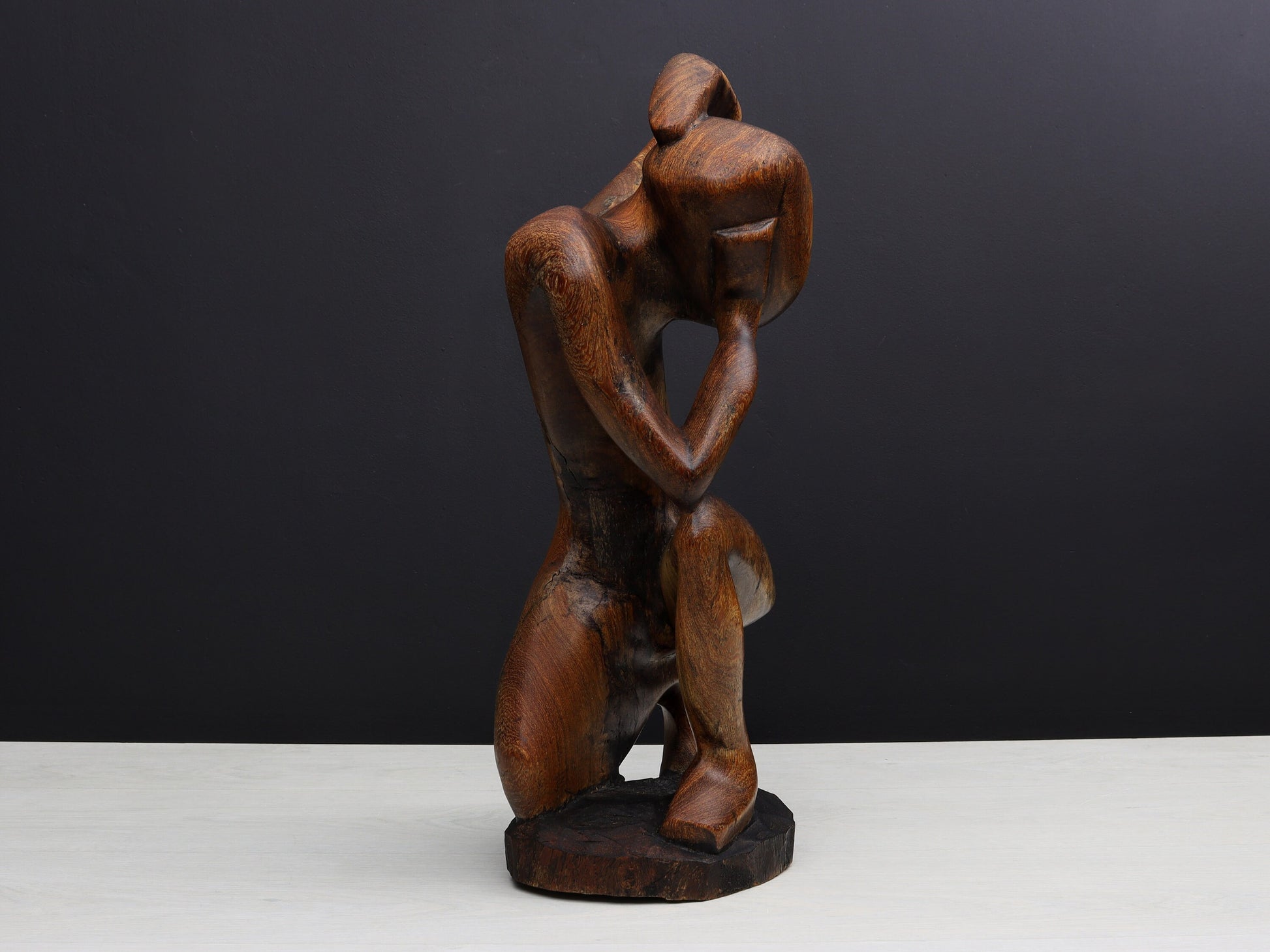 Wooden Art Sculpture-Wood Carving | Thinking Man Statue-Wooden Statue