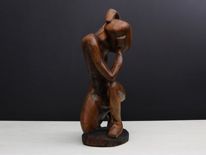 Wooden Art Sculpture-Wood Carving | Thinking Man Statue-Wooden Statue