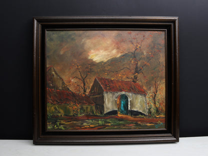 An original artwork farmhouse painting found in Belgium is estimated mid-20th century .