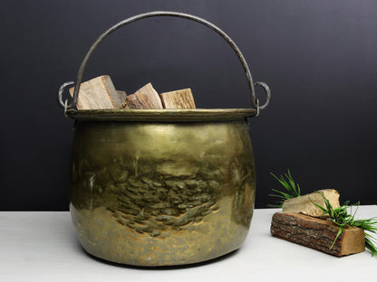 Brass Cauldron-Firewood Holder |Antique Kettle- Log Holder | Brass Kettle-Fireplace Decor | Firewood Holder-Vintage Home Decor