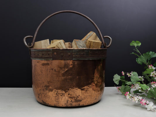 Antique Copper Cauldron-Firewood Holder |Farmhouse Decor-Log Holder| Fireplace Decor-Vintage Home Decor