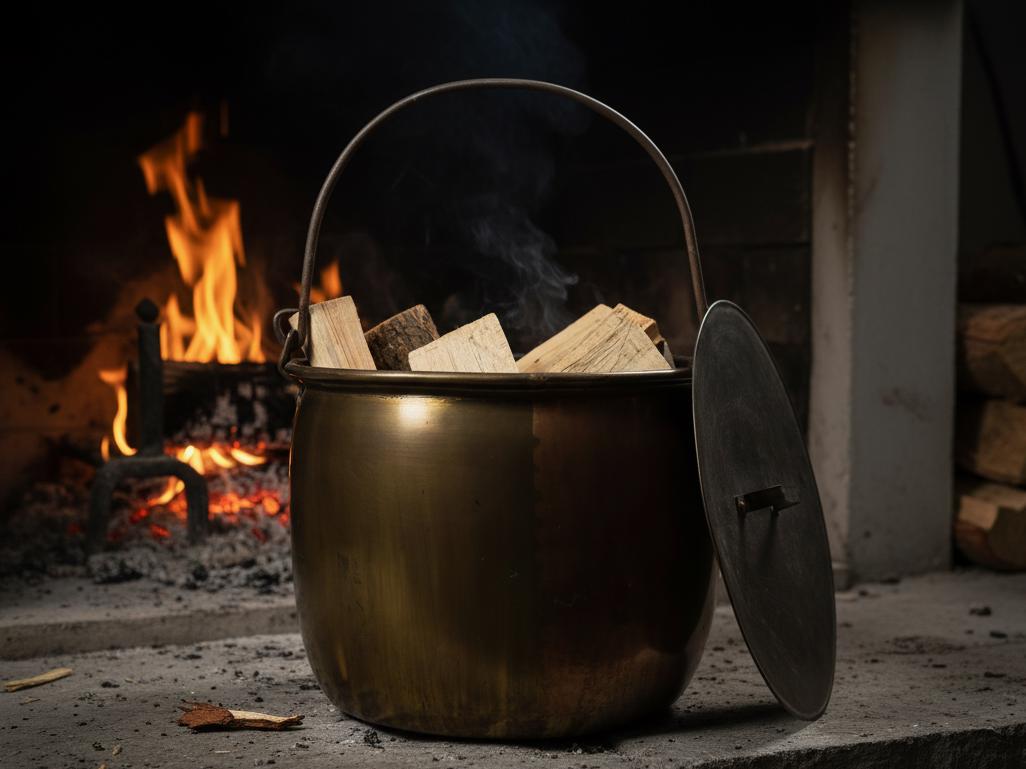 Heavy solid antique copper pot with original copper lid, perfect for vintage home decor and firewood holders.