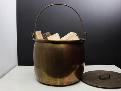 Antique Copper Cauldron with Original Copper Lid, Antique Kettle Firewood Holder, Log Holder for Vintage Home Decor