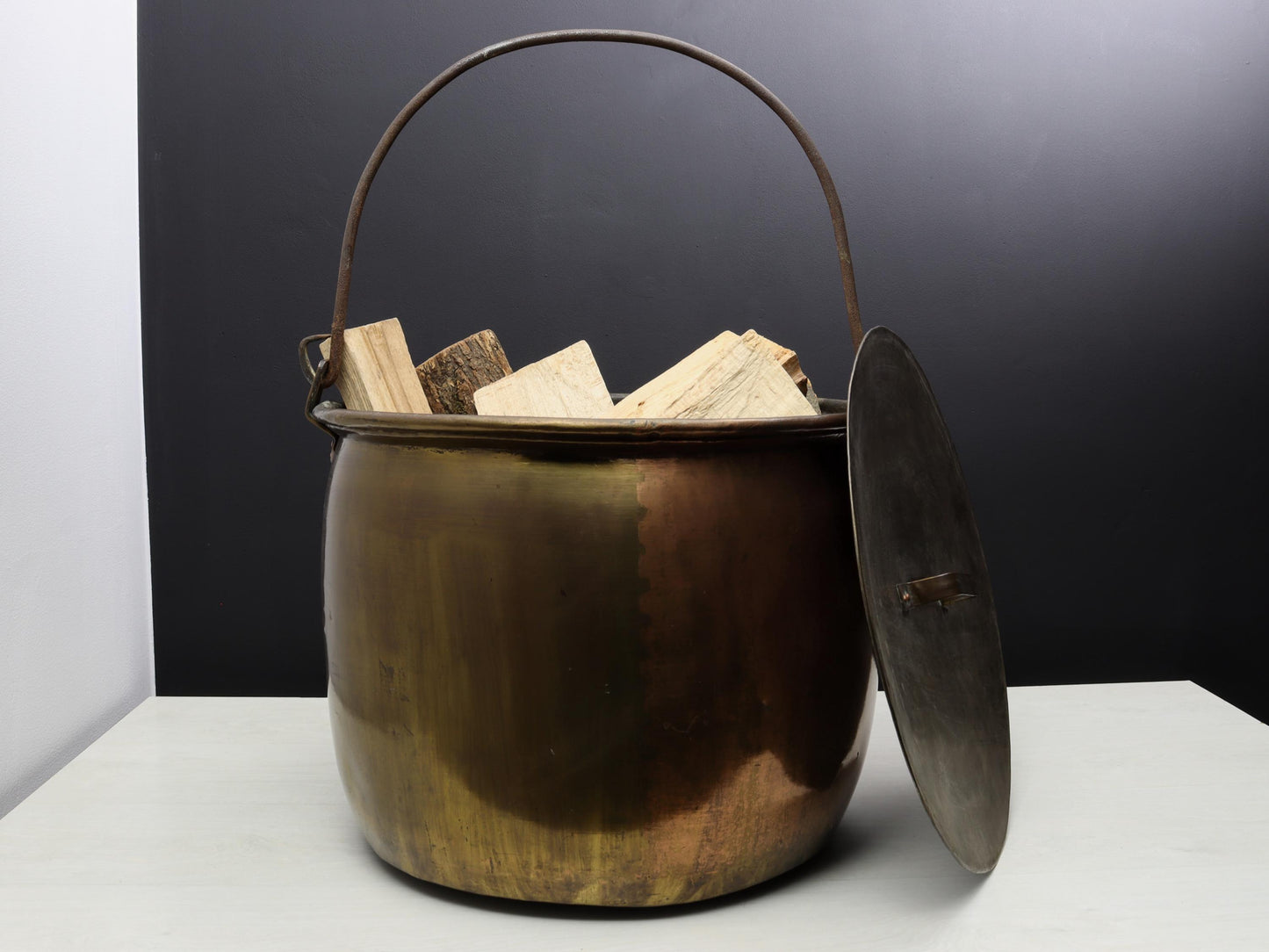 Antique Copper Cauldron with Original Copper Lid, Antique Kettle Firewood Holder, Log Holder for Vintage Home Decor