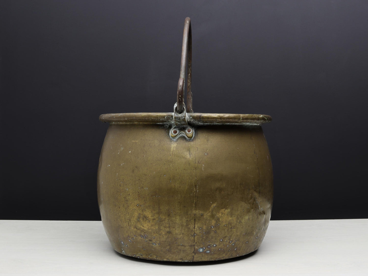Antique Brass Kettle Cauldron - Late 1800s Copper Finish Firewood Log Holder